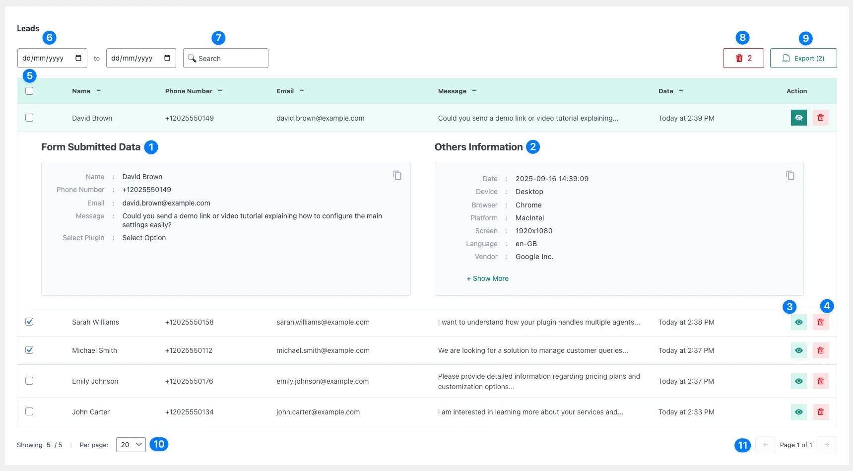 Leads management dashboard showing a list of contact submissions with filters, search, export, and bulk actions.