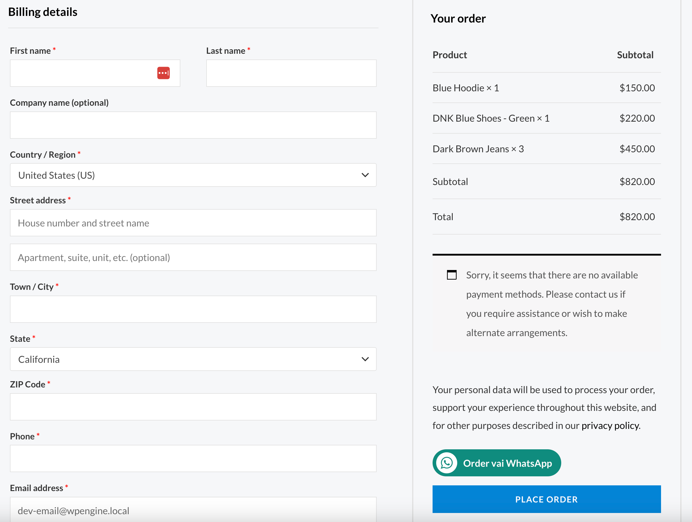 WhatsApp Order Button Checkout Page
