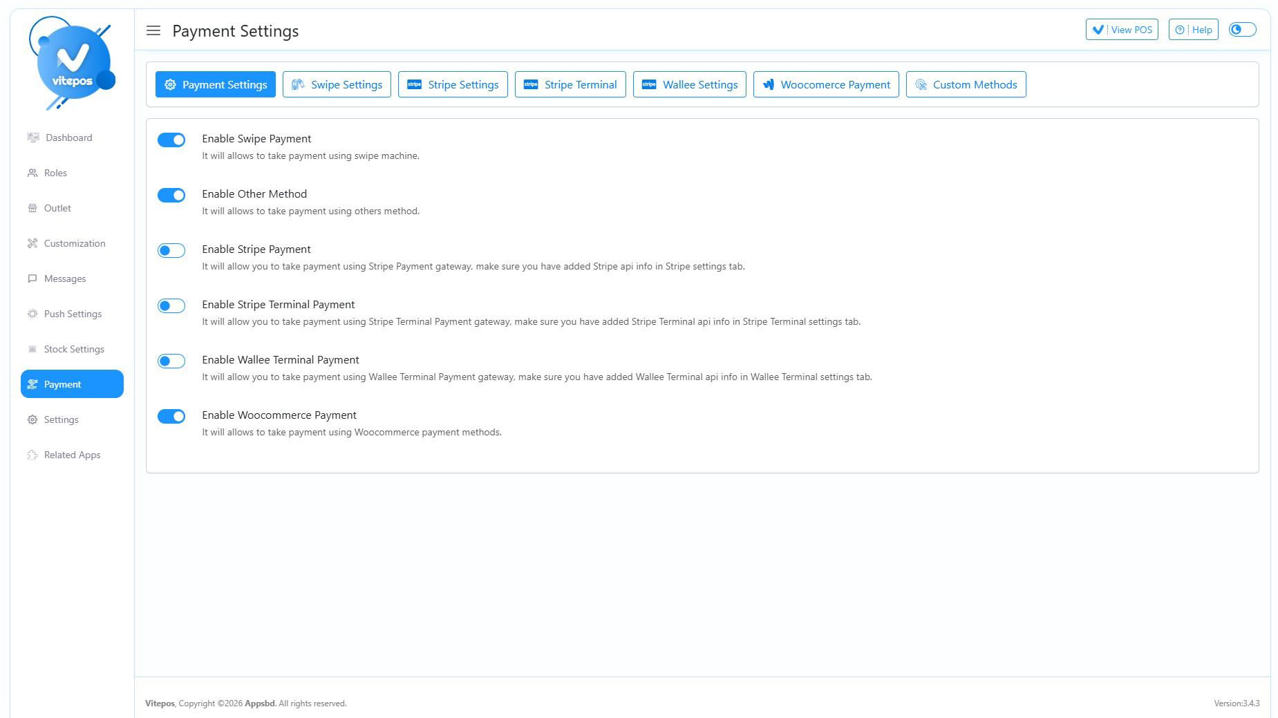 Payment Options in VitePos
