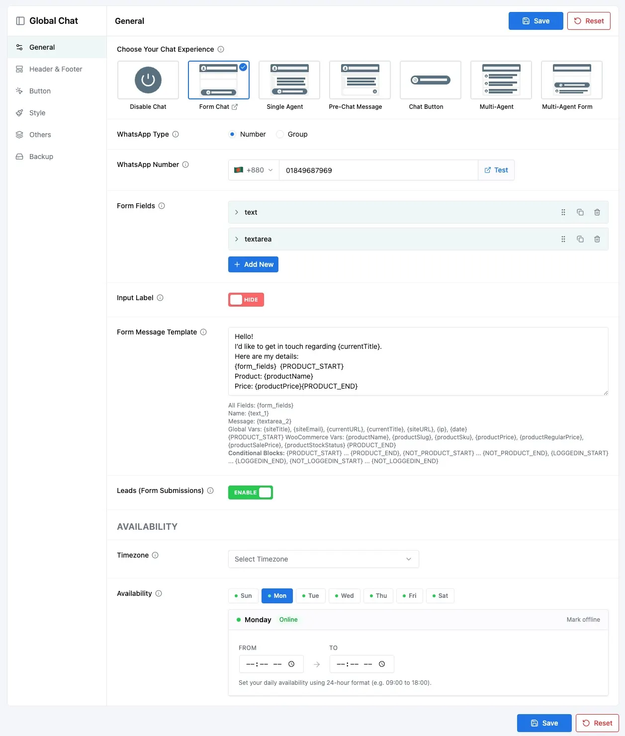 ChatHelp plugin settings inside the WordPress dashboard