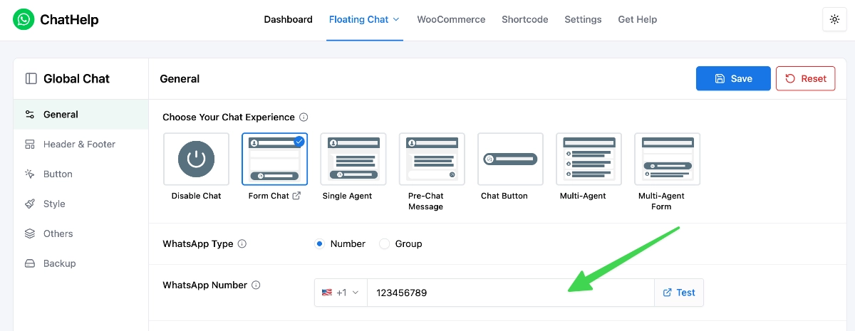 ChatHelp settings screen with the WhatsApp number field filled in