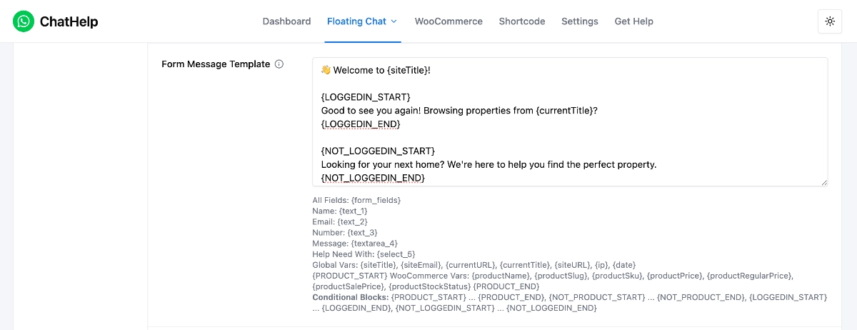 Greeting message configuration with a sample real estate welcome message