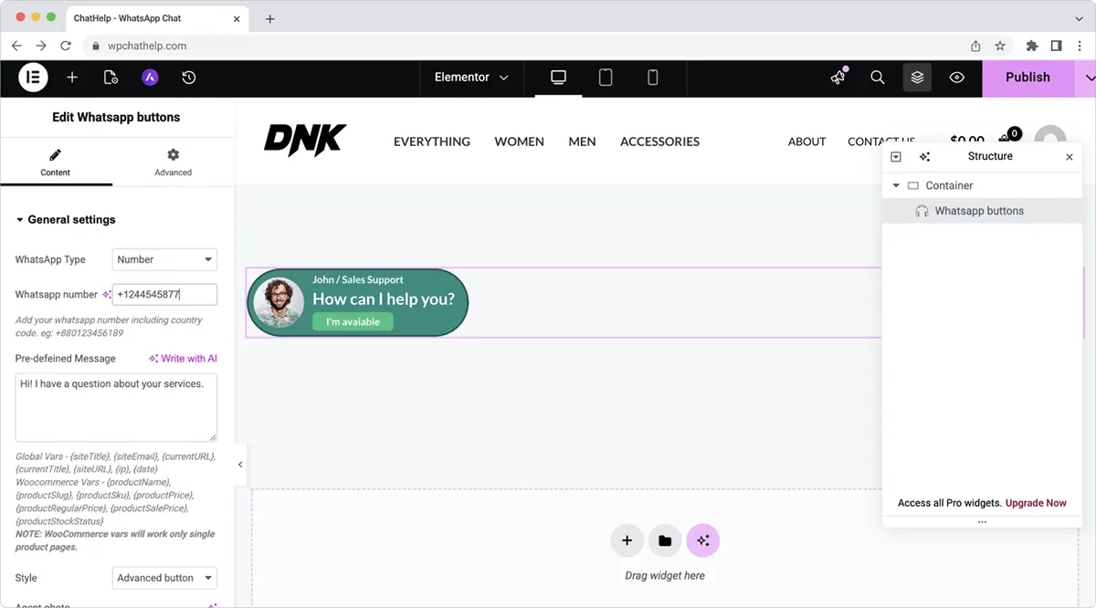 Elementor editor showing the Button widget used to add a WhatsApp button