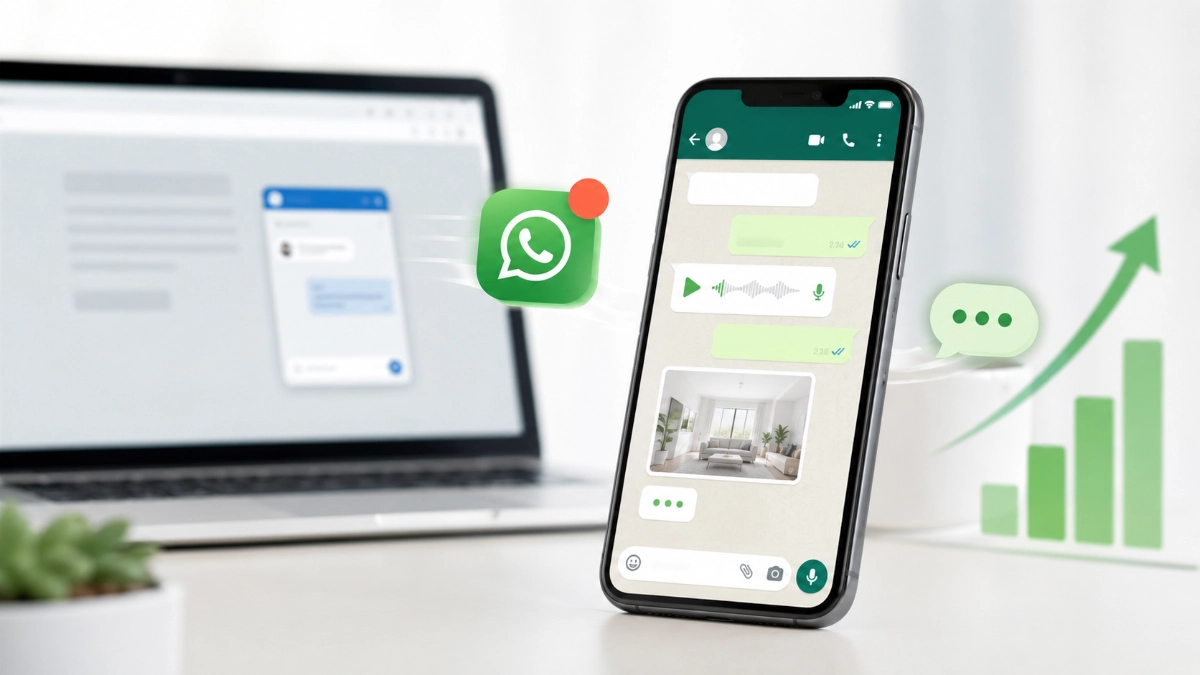 WhatsApp chat on a smartphone compared with a generic website live chat widget, with sales growth indicators