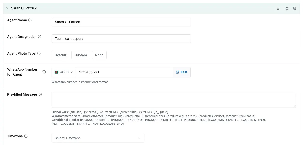 Adding a WhatsApp agent in Chat Help Pro settings