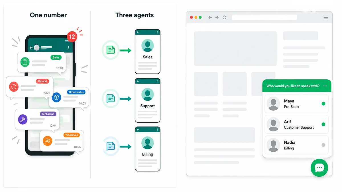 Multi-agent WhatsApp widget showing sales, support, and billing agents
