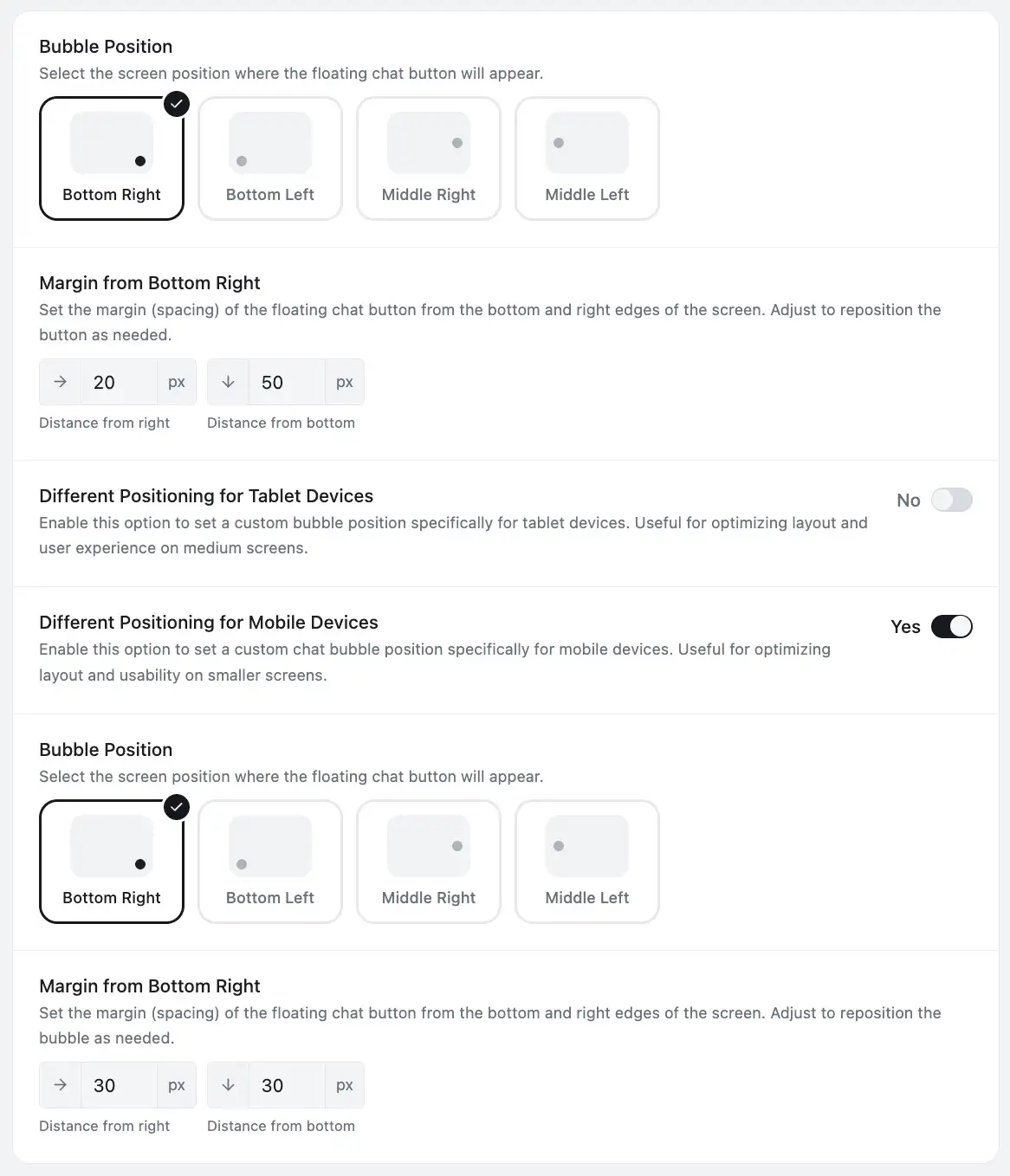 Documentation excerpt discussing chat widget positioning for Bottom-Right, Bottom-Left, and RTL sites