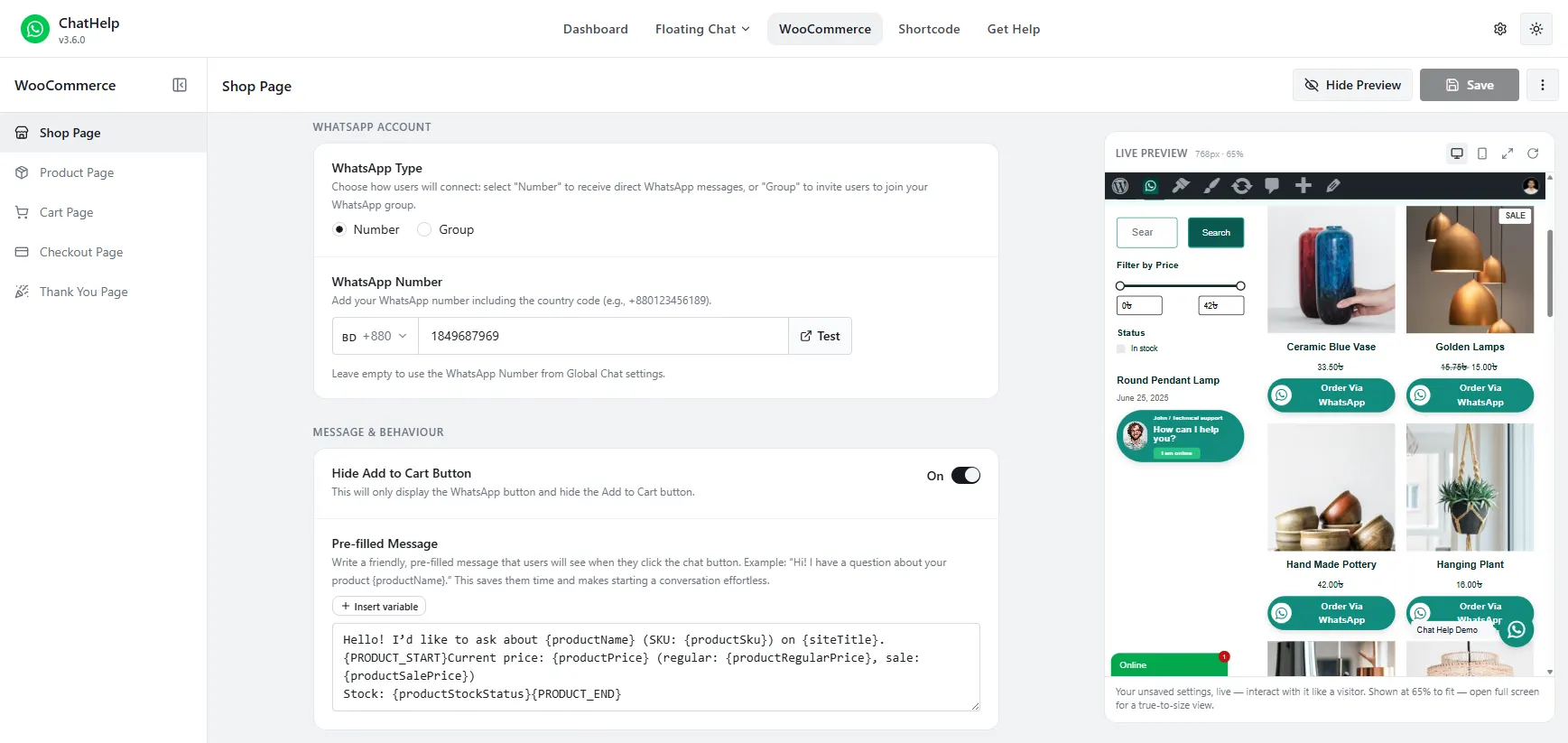 ChatHelp WooCommerce button settings, separate from the floating WhatsApp widget