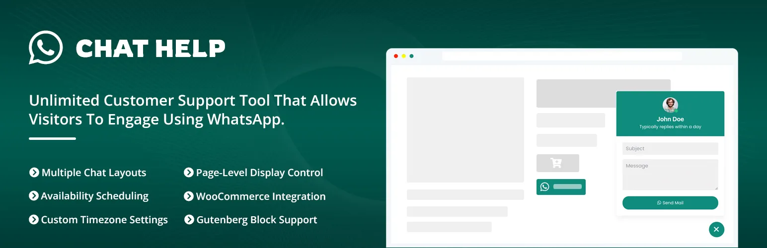 ChatHelp WordPress WhatsApp chat plugin features: multiple layouts, availability scheduling, and WooCommerce integration