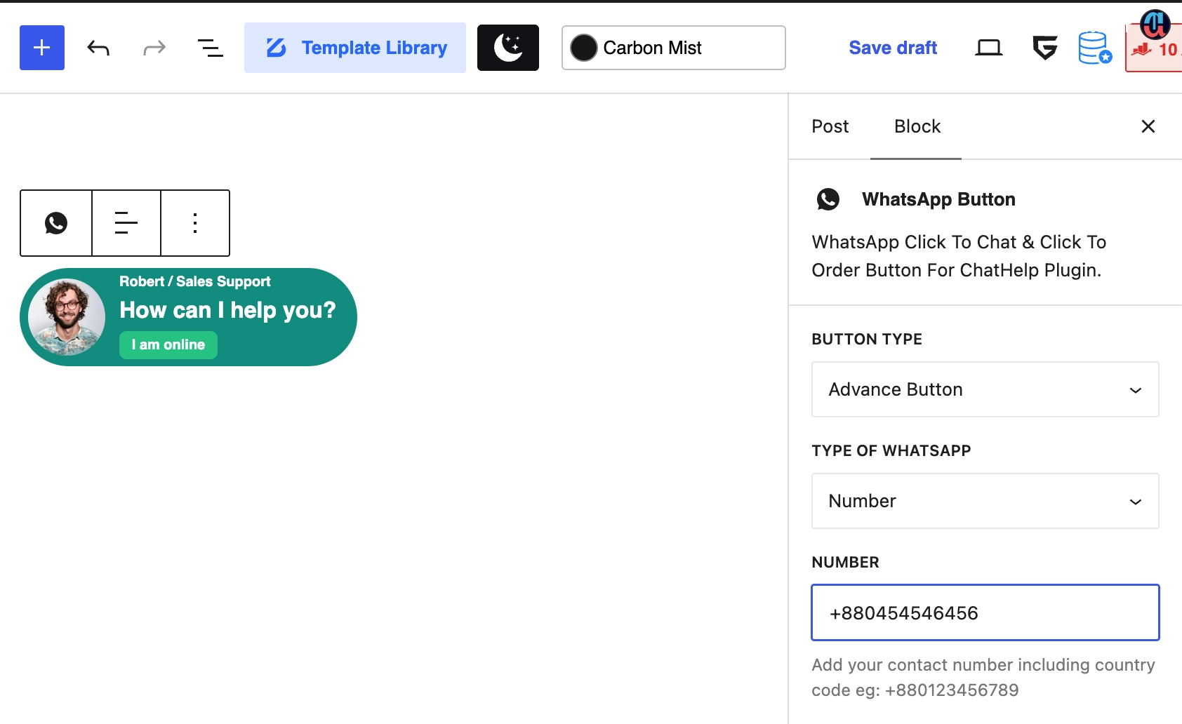 Configuring the WhatsApp Button Block, Field by Field