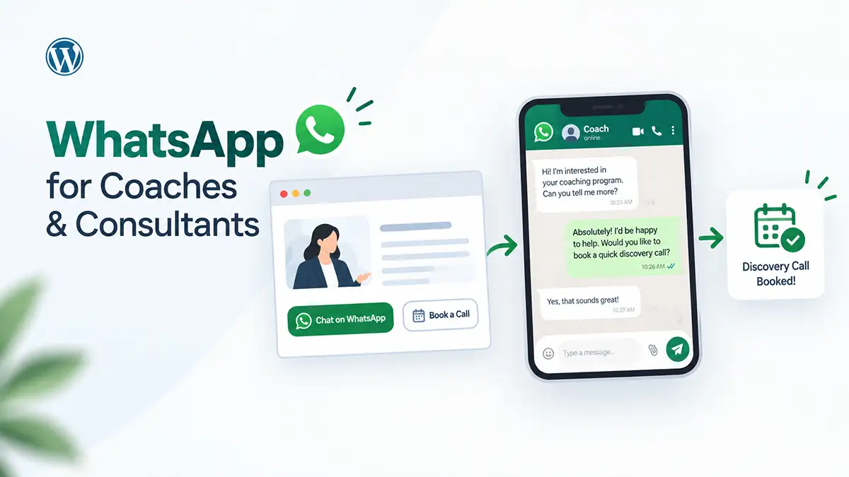 WhatsApp for coaches CTA on a WordPress coaching website